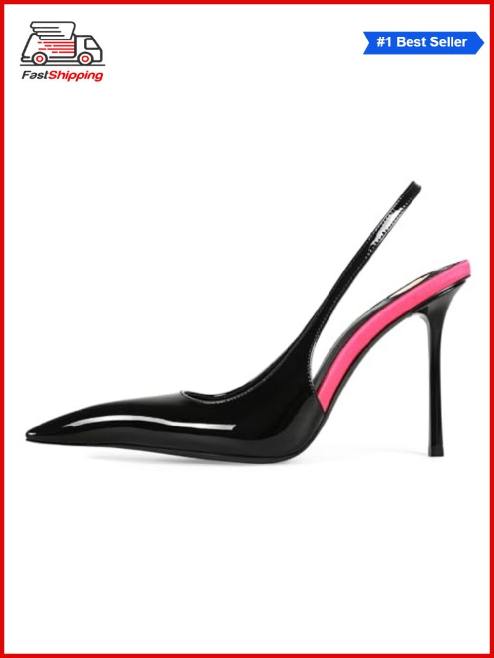Slingback Heels Pointed Closed Toe Stiletto Patent Leather Elastic Strap Pumps